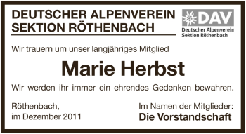 Traueranzeige von Marie Herbst von Pegnitz-Zeitung